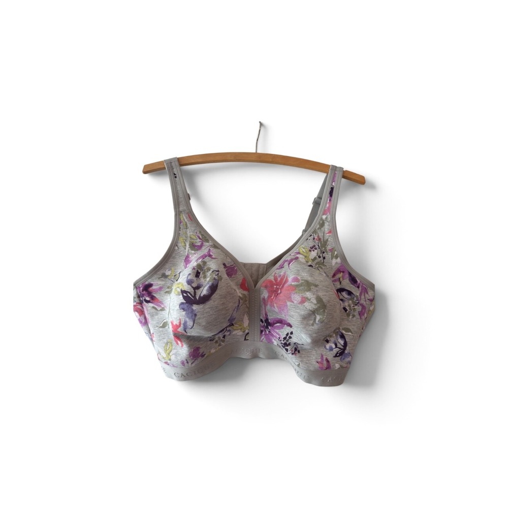 Cacique Bra Sz 44DD Unlined Full Coverage No Wire Gray Floral Logo Lightweight